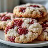 Stacked soft chewy raspberry sugar cookies with pink crystals and berries on white plates.