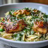 A bright, comforting spring dinner featuring tender chicken, zesty lemon, and sweet peas, all cooked in a single pot.