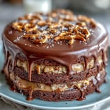 Rich Father's Day Chocolate Peanut Butter Pretzel Cake with dripping ganache.