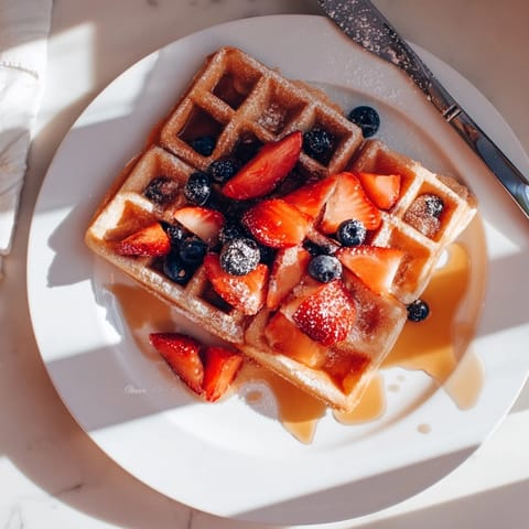 A stack of fluffy, tender waffles ready for breakfast, served with a pat of butter and powdered sugar.