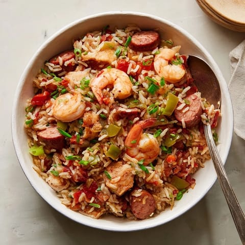A hearty bowl of jambalaya garnished with parsley, served beside golden cornbread and a napkin.