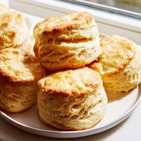Warm Buttermilk Biscuits are split open to reveal tender layers, served with honey butter on a rustic table.