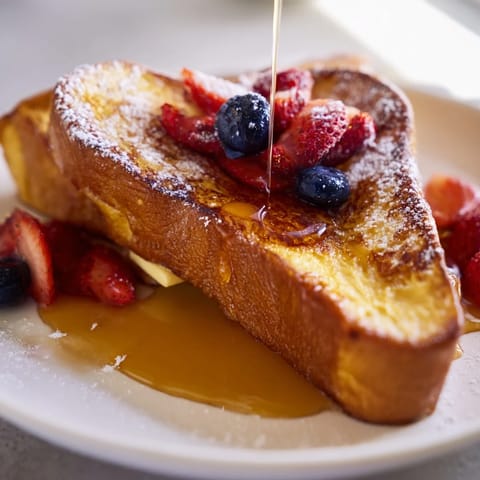 Freshly cooked French toast topped with plump berries and a pat of butter, served alongside a steaming cup of coffee. 