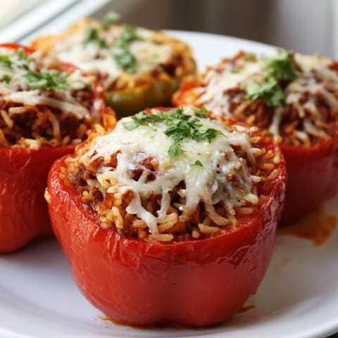 Colorful roasted bell peppers filled with savory ground beef, rice, and herbs, simmered in rich tomato sauce in a white baking dish.