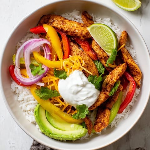 A close-up of a hearty Chicken Fajita Bowl loaded with juicy chicken, colorful bell peppers, onions, rice, and zesty lime wedges.