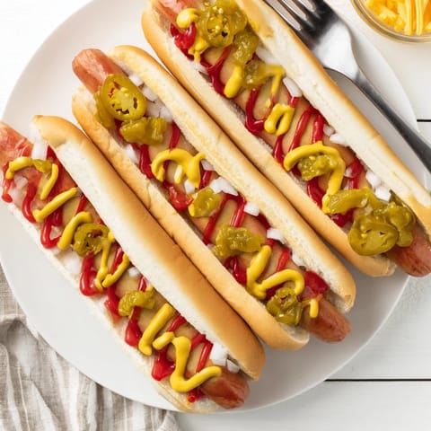 Grilled Hot Dogs nestled in soft buns, topped with tangy mustard and ketchup, ready for an easy weeknight dinner.