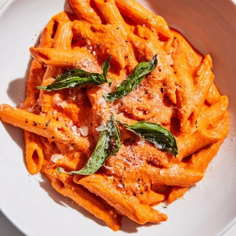 Steaming bowl of roasted red pepper pasta paired with a crisp salad and white wine for dinner.  