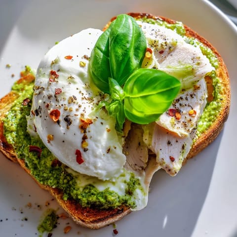 Golden Pesto Chicken Burrata Toast garnished with fresh basil leaves, ready for a quick and satisfying Italian-inspired lunch.