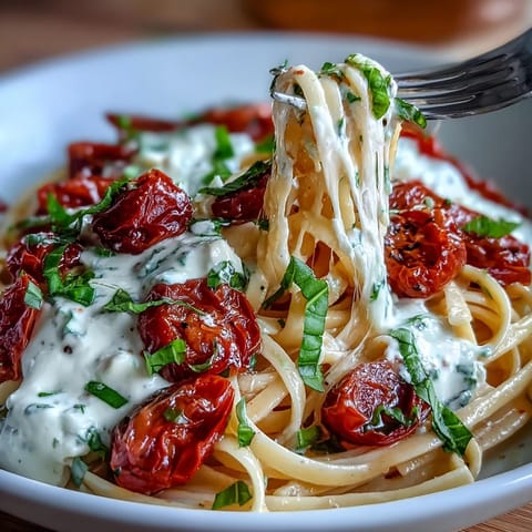 Steaming plate of Burrata Caprese Pasta featuring bright tomatoes, fragrant basil, and a torn burrata cheese ball for rich flavor.