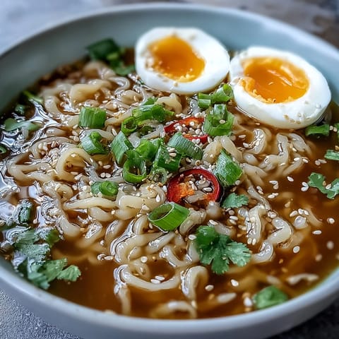 A comforting bowl of shirataki noodles swimming in a rich, steaming bone broth, topped with a soft-boiled egg half.