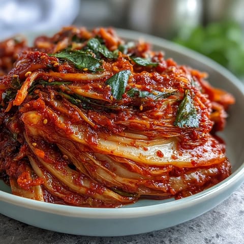 Close-up of homemade kimchi, showing chunky napa cabbage and spicy red flakes.