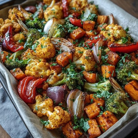 Bright Anti-Inflammatory Turmeric Roasted Vegetables, tender and golden-brown on a baking sheet.
