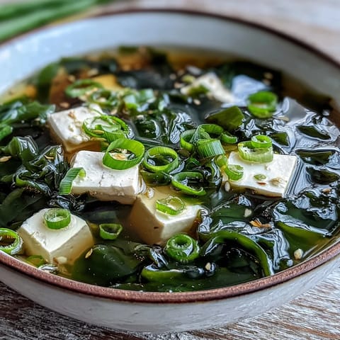 A steaming bowl of Wakame Soup with vibrant green scallion garnish.