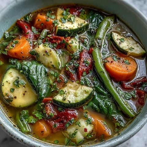 A vibrant bowl of Italian Herb Vegetable Soup, packed with diced carrots, zucchini, and green beans in a savory tomato broth.