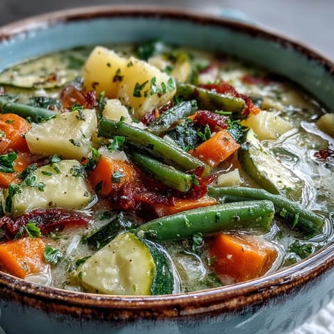 Hearty Parmesan Veggie Soup in a rustic bowl with crusty bread on the side for dipping into the savory broth.