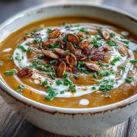 Creamy roasted acorn squash soup served in a rustic bowl, garnished with toasted pumpkin seeds and a drizzle of cream.