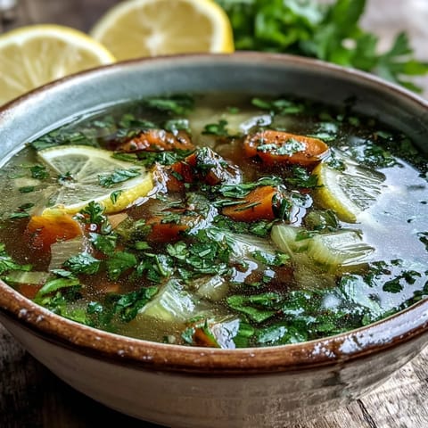 Vibrant Lemon Herb Soup steaming in a white bowl, garnished with fresh parsley and dill.