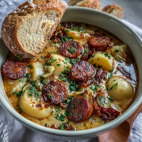 Creamy Potato, Leek and Chorizo Soup in a rustic bowl, garnished with parsley and served alongside crusty bread on a wooden table.