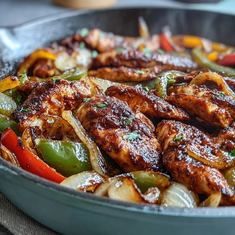 Easy Chicken Fajitas served warm in tortillas with fresh cilantro, sour cream, and salsa.