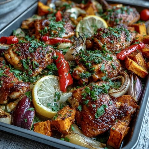 Juicy piri-piri chicken thighs roasted with golden sweet potato wedges on a vibrant traybake, garnished with fresh herbs.
