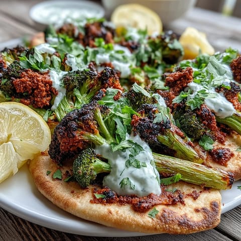 Golden crisped harissa broccoli piled onto warm flatbreads, garnished with lemon wedges for a bright, flavorful Middle Eastern-inspired meal.
