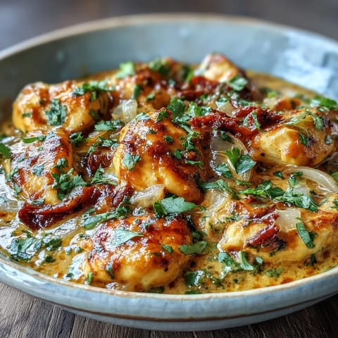 This rich, gluten-free Easy Chicken Curry is garnished with fresh cilantro and pairs perfectly with warm, buttery naan bread.