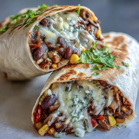 Warm Veggie Burritos topped with creamy avocado slices and a dollop of salsa on a plate.