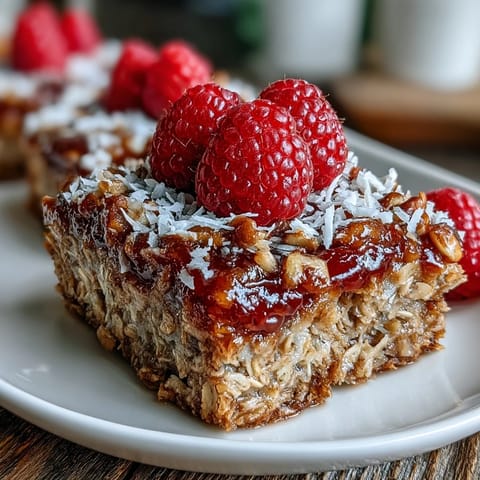 Freshly baked oatmeal with raspberry and coconut is pulled from the oven, showing golden edges and bright red berries.