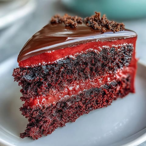 A vibrant Red Betty Boop Heart Cake slice reveals velvety cream cheese frosting and a crisp dark chocolate silhouette on top.
