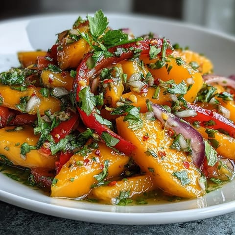A close-up of the refreshing Thai-inspired mango salad, featuring juicy mango slices and vibrant vegetables glistening with zesty lime dressing.  