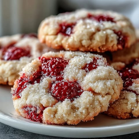 Stacked soft chewy raspberry sugar cookies with pink crystals and berries on white plates.