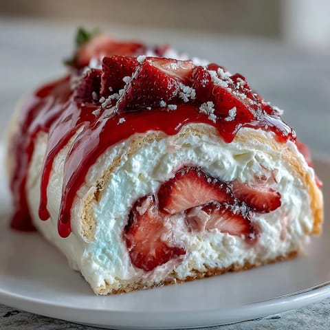Thin golden crepes encase airy sponge cake and ripe strawberries in this delicate Strawberry Shortcake Sushi Roll.