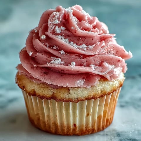 Close-up of a Pink Velvet Cupcake with a fluffy vanilla buttercream swirl, showing its tender crumb and pink hue.