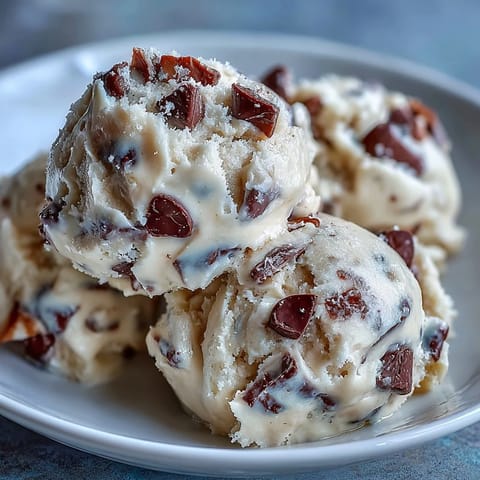 Freshly rolled Greek Yogurt Cookie Dough balls on a parchment-lined tray, showcasing the chewy texture.