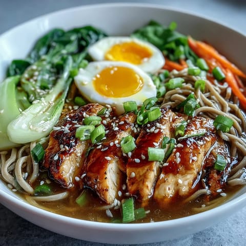 Two steaming Healthy Miso Chicken Noodle Bowls topped with sesame seeds, scallions, and chili oil beside chopsticks.