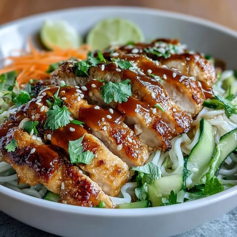 Bright, colorful Asian Chicken Noodle Bowl garnished with fresh cilantro and sesame seeds.