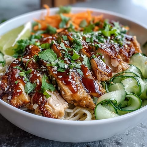 Steaming hot Asian Chicken Noodle Bowl with sliced chicken, crisp veggies, and lime wedges.