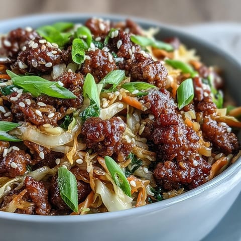 Golden-brown ground pork mixed with vibrant shredded cabbage and carrots in Egg Roll in a Bowl, garnished with fresh green onions and sesame seeds.