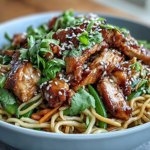 A steaming bowl of Sesame Chicken Noodle Bowl garnished with sesame seeds, fresh cilantro, and bright lime wedges.