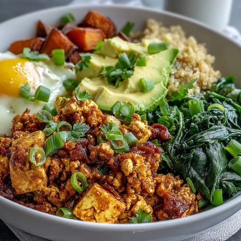 Close-up of a vibrant Tofu Scramble Vegan Breakfast Bowl, featuring golden roasted sweet potatoes and creamy avocado slices.