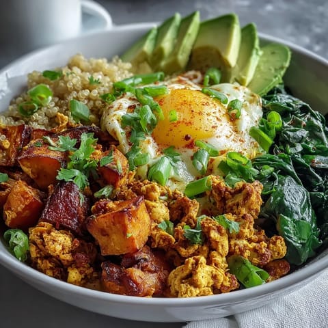 A hearty Tofu Scramble Vegan Breakfast Bowl filled with fluffy quinoa, sautéed spinach, and savory crumbled tofu.