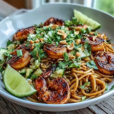 Freshly grilled shrimp with char marks rests on chilled sesame noodles, garnished with crisp cucumber slices and vibrant bean sprouts.