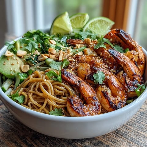 Sliced avocado and chopped peanuts top a colorful bowl of Grilled Shrimp Asian Noodle Bowl, served with lime wedges on the side.