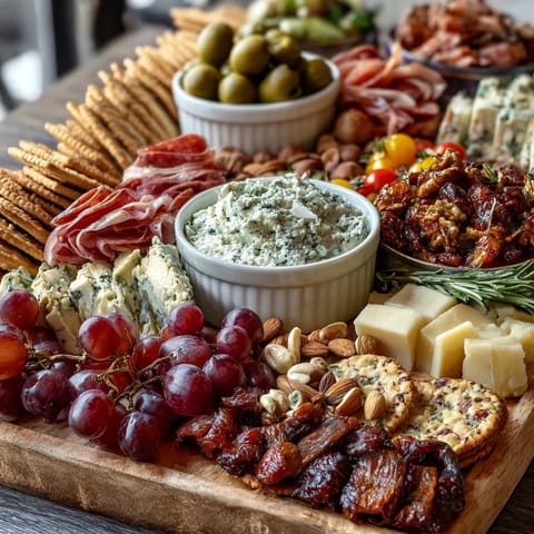 Housewarming Party Charcuterie Board with Dips and Crackers, a stunning spread of cured meats, cheeses, and fresh produce, perfect for celebrating a new home.