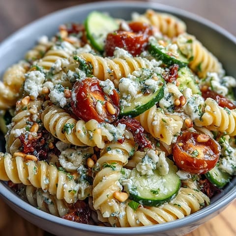 Bright lemon vinaigrette pasta salad with cucumbers and cherry tomatoes, a refreshing summer side bursting with fresh vegetables and zesty citrus.