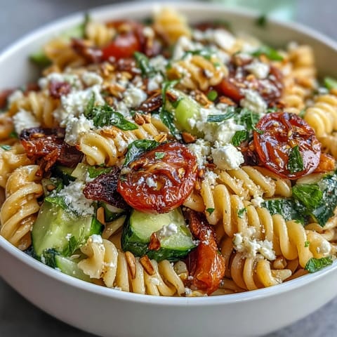 Creamy lemon vinaigrette pasta salad with crisp cucumbers, juicy cherry tomatoes, and parsley, perfect for picnics and light lunches.