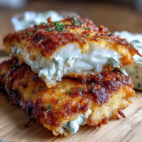 Crispy, golden fried catfish fillets seasoned with Southern spices, served with a zesty homemade remoulade sauce on a rustic plate.