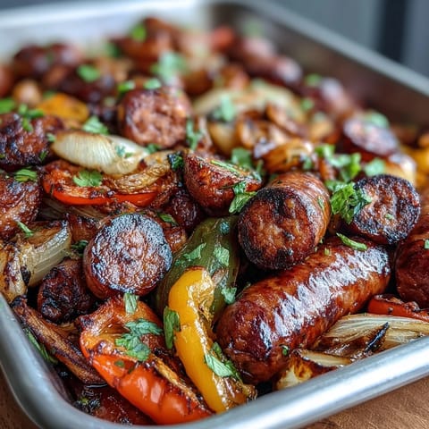 Juicy Italian sausages roasted with sweet bell peppers and onions, a colorful and hearty one-pan dinner ready in 35 minutes.