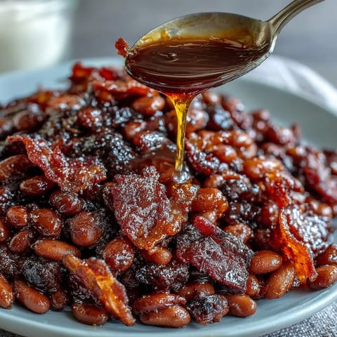 2. Close-up of golden baked beans with molasses, brown sugar, and bacon, served hot in a cast iron skillet for a classic barbecue side.  