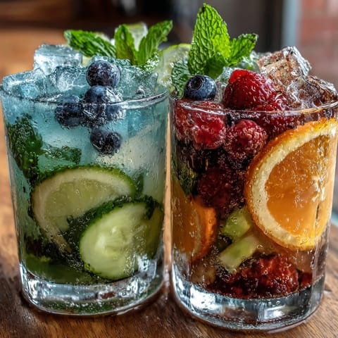 A vibrant lemonade bar with fresh fruit, herbs, and flavored syrups for customizable drinks.